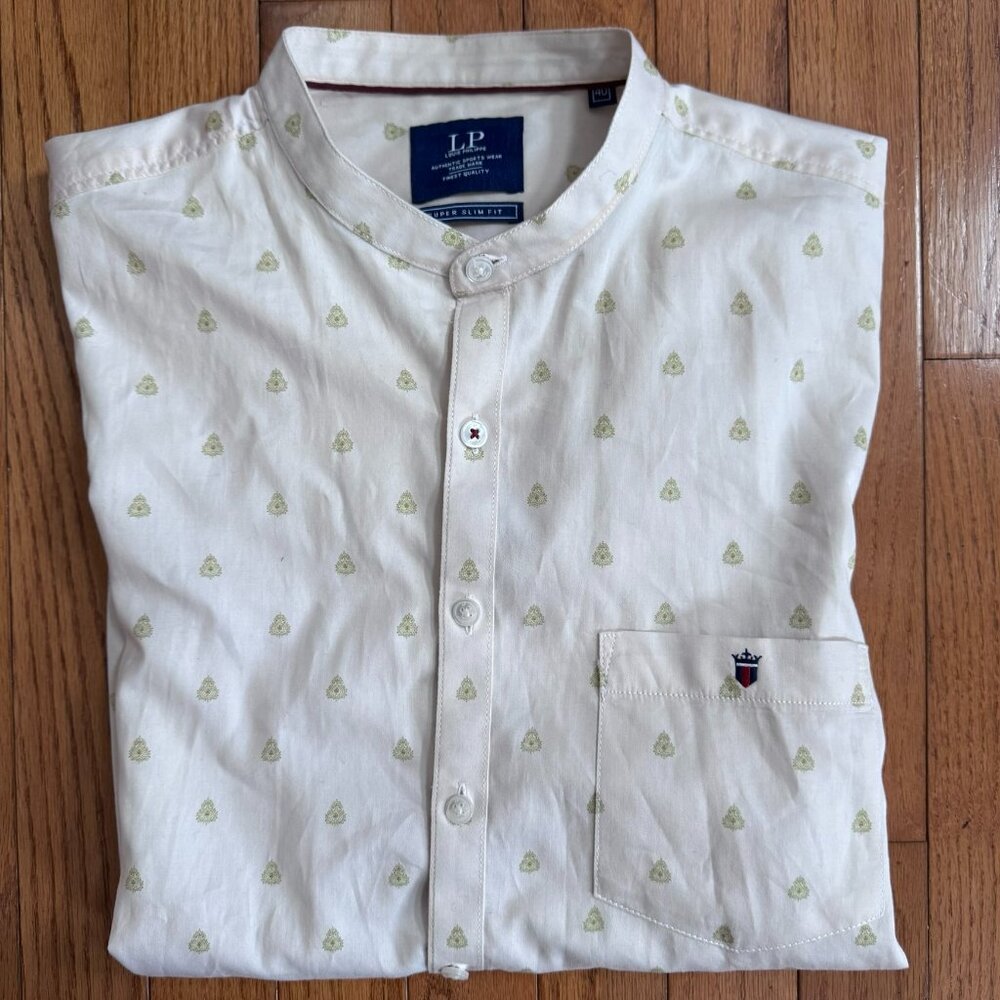 Louis Philippe Peach Band Collar Shirt Men's Medium 40 Cotton Geometric Print